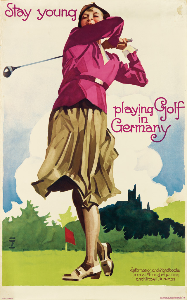 LUDWIG HOHLWEIN (1874-1949). STAY YOUNG / PLAYING GOLF IN GERMANY. Circa 1930. 39x25 inches, 101x63 cm. Reichsbahnzentrale fur den Deut